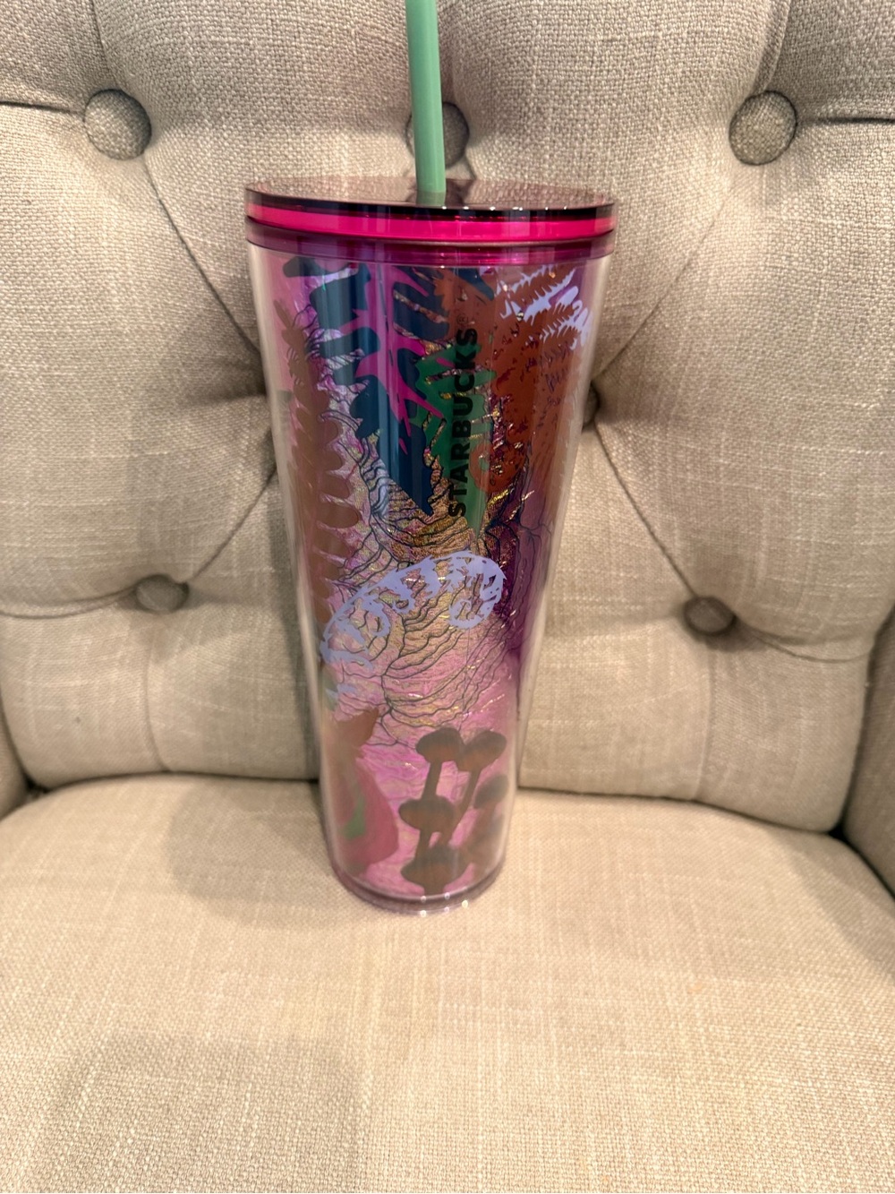 Starbucks Iridescent Pink Floral Ombre Tumbler with Green Straw
